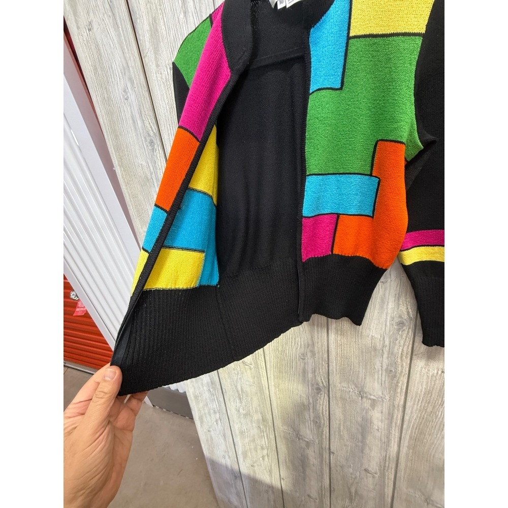 Toula Vintage Colorblock Geometric Zip Up Cardigan Sweater Womens 10 Black Multi - Picture 11 of 13